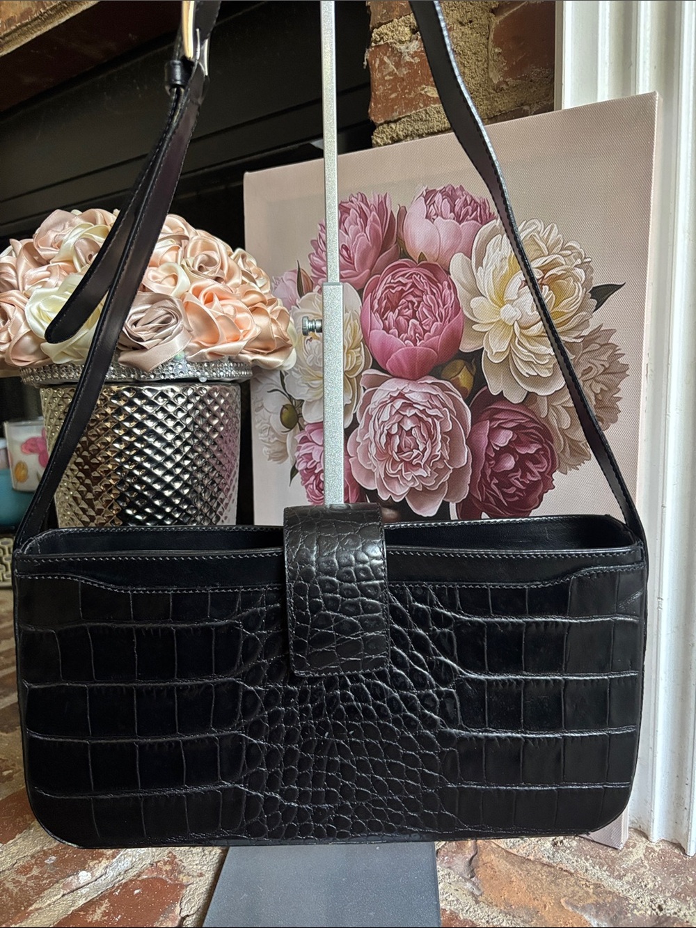 Talbots Black Croc-Embossed Shoulder Bag